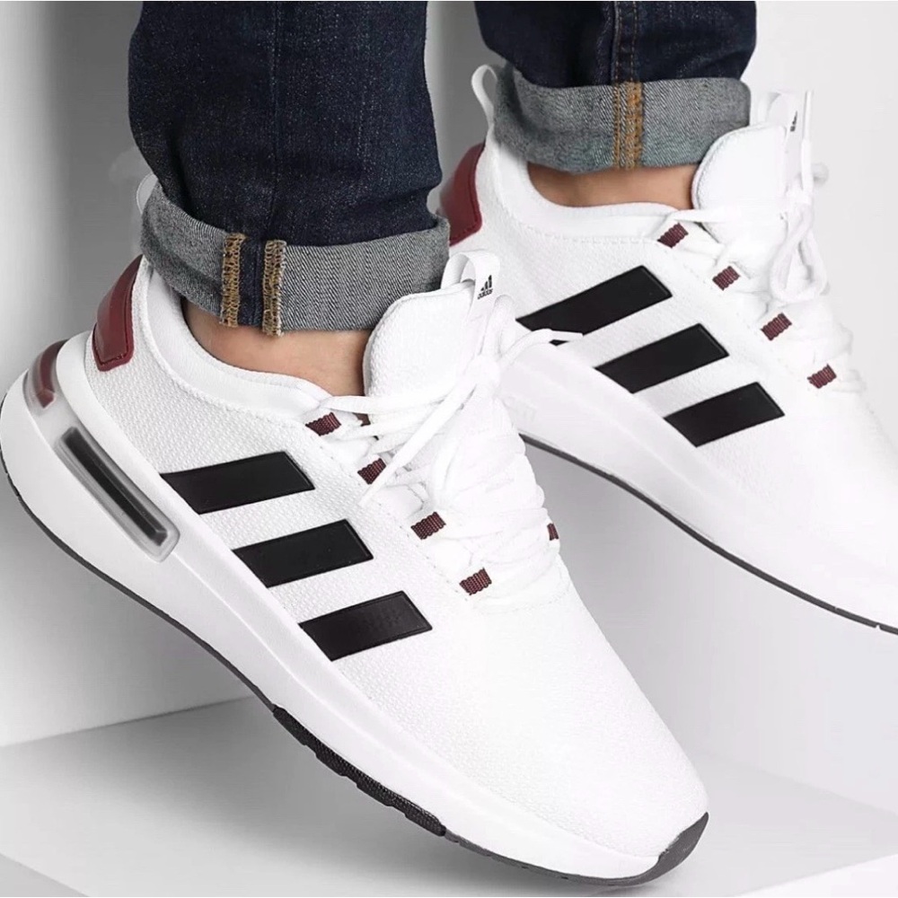 adidas Men's White Sneakers with Black Three Stripes and Maroon Accents